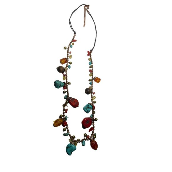 Bohemian Artisan Necklace With Multicolored Stone Beads & Brass Accents Adjustab - Picture 1 of 4